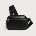 Adjustable black lychee textured leather crossbody chest bag with gold metal zipper - Black