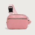 Pink lychee texture leather waist bag with adjustable strap and golden metal zippers - Pink