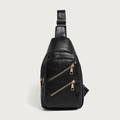 Sac de poitrine noir minimaliste en cuir litchi avec double fermeture dorée - Noir