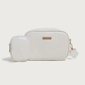 White glossy PU leather crossbody bag with matching mini pouch and wide shoulder strap - White