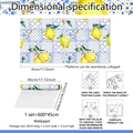 Detail of lemon and blue tile wallpaper showing 45x600cm size and installation guide - Self-adhesive 45x600cm