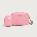 Pink glossy PU leather square crossbody bag with matching mini coin purse and wide strap - Pink