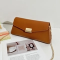 Brown envelope crossbody bag with lychee texture leather and gold chain strap - Tan