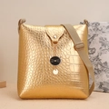 Golden crocodile embossed shoulder bag with cute cat pendant and khaki fabric strap - Crocodile Texture with Cat Charm / Gold