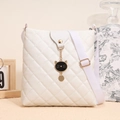 White quilted crossbody bucket bag with cat pendant and adjustable wide shoulder strap - Quilted Rhombus with Cat Charm / White