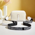 White two-piece camera bag set with yellow geometric print and wide logo strap - White