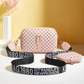 Pink crossbody camera bag set with patterned leather and printed wide textile strap - Pink
