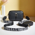 Retro black printed camera bag set with wide alphabet strap and round coin purse - Black