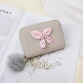 Mini short wallet in light grey with pink polka dot bow and plush pompom charm - Gray