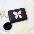 Mini black wallet with pink polka dot bow and fluffy black pompom keychain charm - Black