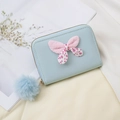 Mini light blue zipper purse with pink polka dot bow and plush ball pendant charm - Sky Blue