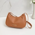Brown litchi grain leather underarm bag with gold metal logo and shoulder strap - Tan