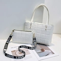White quilted tote bag and matching crossbody bag set with printed wide strap - Tote Bag And Crossbody Bag / White