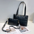 Black checkered tote bag set with quilted texture and LOVE print wide strap - Tote Bag And Crossbody Bag / Black