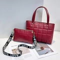 Burgundy quilted tote bag set with matching small crossbody bag and wide lettered strap - Tote Bag And Crossbody Bag / Red