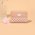 Pink short wallet with clover pattern, butterfly ornament and soft pompom keychain - Pink