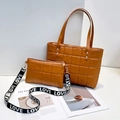 Caramel plaid quilted tote bag set with wide LOVE strap and crossbody pouch - Tote Bag And Crossbody Bag / Brown