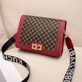 Vintage wine red printed square bag with golden floral pattern and wide woven strap - Red