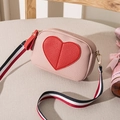 Pink heart-shaped crossbody bag with lychee texture and striped webbing strap - Pink