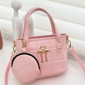 Pink quilted shoulder bag set with gold heart detail and round mini coin purse charm - Pink