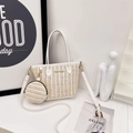 Borsa tote trapuntata beige con borsa rotonda coordinata e manici in pelle bianca - Paglia Intrecciata Trapuntata / Bianco Sporco