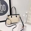 Borsa tote in paglia beige con finiture in pelle nera e portamonete rotondo - Paglia Intrecciata Trapuntata / Nero