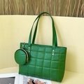 Green quilted embroidery tote bag two-piece set with matching round coin purse accessory - Green