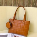 Stylish brown quilted tote bag with matching round coin purse pouch, 2-piece set - Brown