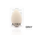 Detail shot of a soft gray teardrop makeup sponge in its clear branded packaging - Gray