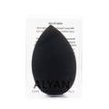 Detail of a soft black teardrop makeup sponge in a clear ALYAN branded display box - Black
