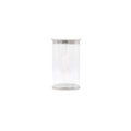 Détail d'un contenant cylindrique transparent pour éponge avec bordure en métal argenté - 8x4.5cm