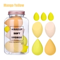 Lot de 7 éponges à maquillage jaune mangue de formes variées avec bocal de rangement - Emballage en bouteille à la dérive / Jaune mangue