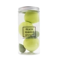 Jar of assorted peach-shaped makeup sponges in various shades of green with metal lid - Lemon Yellow Sponges Set With Mini Sizes