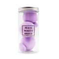 Detailed view of assorted purple makeup sponges in a transparent jar with silver lid - Taro Purple Sponges Set With Mini Sizes