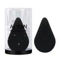 Macro detail of a black teardrop beauty sponge with a transparent storage case - Snowflake Cylinder Case / Double-headed Fan Shape / Black