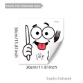 30x30cm cartoon smiley face wall sticker with cutlery icon and measurement details - Hungry with Cutlery Style (M10124) / 30x30cm