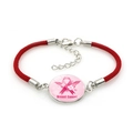 Close-up of red braided bracelet with Breast Cancer Awareness Month pink ribbon charm - Breast Cancer Awareness Month Letter Style (Red-12)