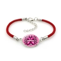 Detail of red braided bracelet with pink ribbon glass pendant and lobster clasp - Cancer Awareness Month Style (Red-10)