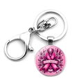 Pink ribbon breast cancer awareness month round keychain with silver metal lobster clasp - Cancer Awareness Month Text (JY009425-10)