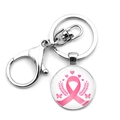 Close-up of pink ribbon breast cancer awareness keychain with silver metal heart and butterfly - Ribbon with Wheat and Heart (JY009425-7)