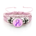 Pink layered braided leather bracelet with breast cancer awareness ribbon charm - Purple Floral Ribbon