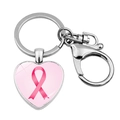 Detail of silver heart keychain with pink ribbon emblem and secure lobster clasp - Glossy Ribbon Logo (JY9434-7)