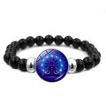 Macro detail of yoga meditation charm on black beaded chakra balancing bracelet - Purple Mandala Yoga Style (JY009446-6)