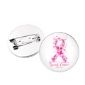 Pink ribbon breast cancer awareness badge showing front and back with metal pin closure - Silver Awareness Month Text (Silver-5)