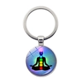 Silver meditation keychain with 7 chakras silhouette and blue glass dome pendant - Starry Portrait Meditation (Silver-1)