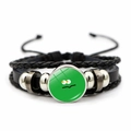 Bracciale in pelle intrecciata nera con perle argentate e ciondolo in vetro emoji verde - Base Verde Bocca Ondulata Occhio Giallo (Stile-4) / Nero