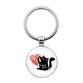 Silver metal keychain with round pendant featuring a black cat, red heart, and Love You text - Love You Black Cat Illustration (Silver-9)