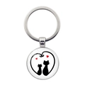 Detailed view of silver cat keychain with heart and black kittens under glass dome - Back View Two Cats Heart (Silver-7)