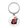 Porte-clés chat noir avec cœur rouge sur pendentif en verre rond et texte LOVE - Chat Noir à Bulles d'Amour (Argent-3)