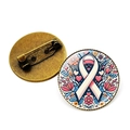 Pink ribbon awareness round brooch with glass dome and bronze metal safety pin backing - Bronze Flower Heart Leaf (Bronze-9)